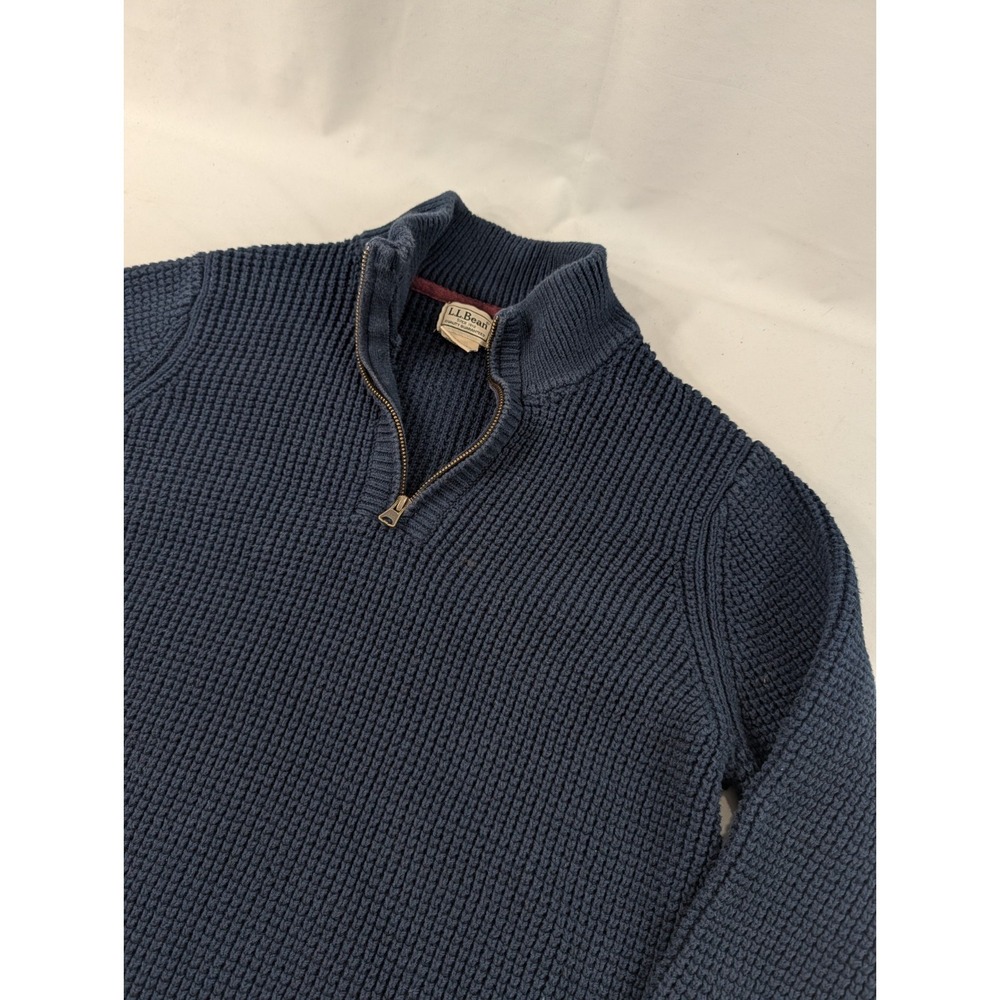 LL Bean Men's Large 100% Organic Cotton Waffle Knit 1/4 Zip Sweater Blue Heavy‎